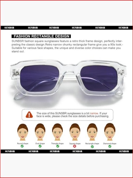 Retro Rectangle Sunglasses UV400 Protective Chunky Frame Trendy Square Unisex